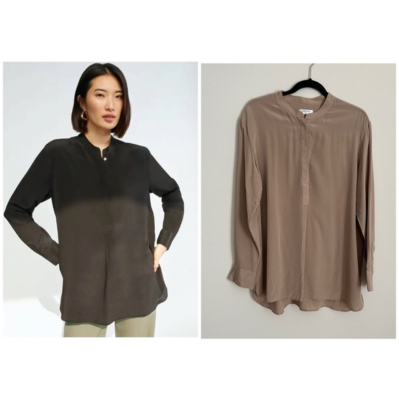 BABATON Notion Half Button Down Silk Tunic Blouse Tan Brown Medium - Picture 1 of 9